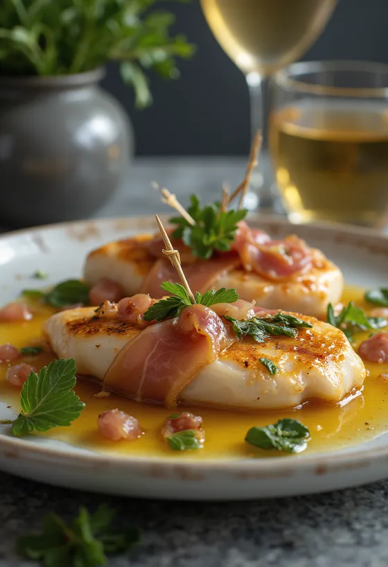 Saltimbocca with lemon butter sauce, rich veal cutlet served with prosciutto and sage