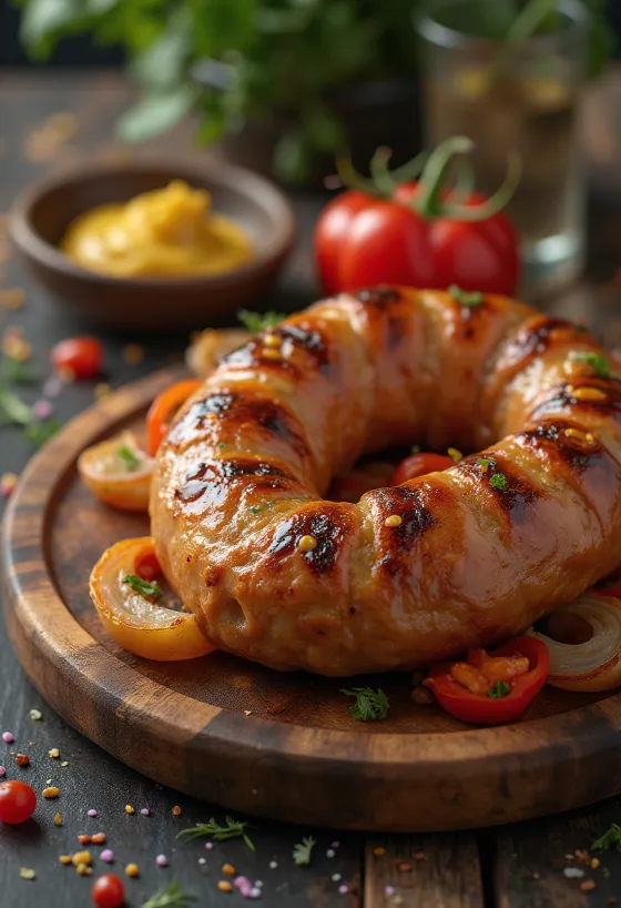 Roasted sausage fried golden brown, with crispy skin and served with fresh herbs