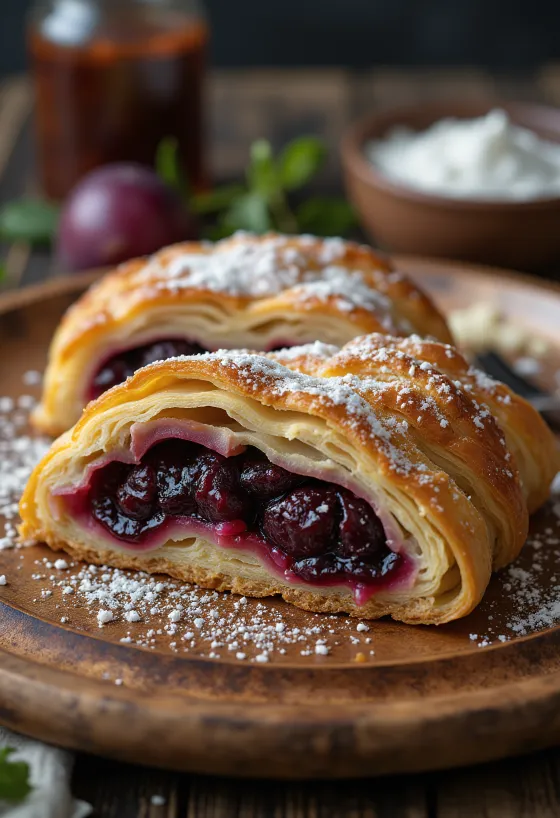 Plum strudel baked golden brown, sprinkled with cinnamon sugar