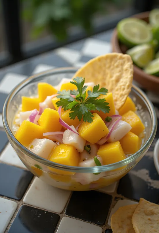 Ceviche con mango, fresh fish and mango mixture with lime and coriander