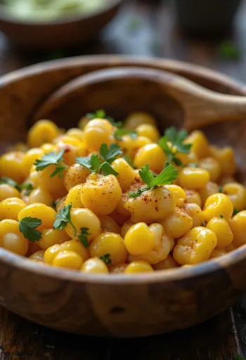 Esquites with mayonnaise, fresh corn, served with coriander and lime