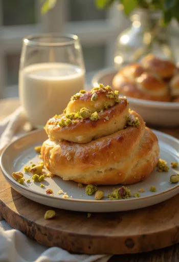 Pistachio Kanelbullar baked golden brown with crunchy nuts on top