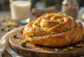 Pistachio Kanelbullar baked golden brown with crunchy nuts on top