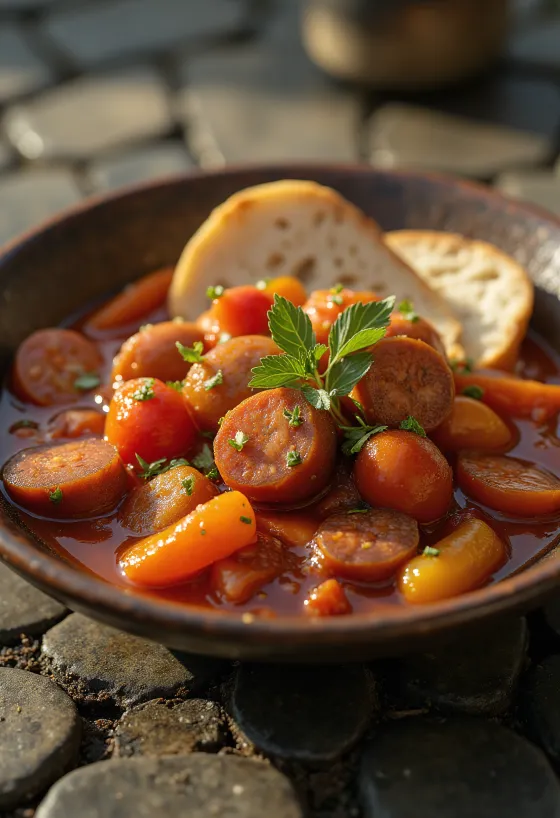Lecsó served with fresh peppers, tomatoes and smoked sausage