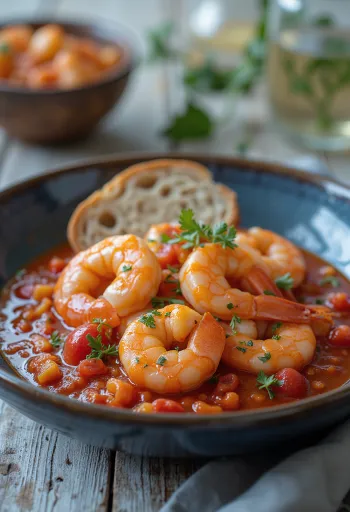 Tomato king prawns served with fresh herbs and crusty bread