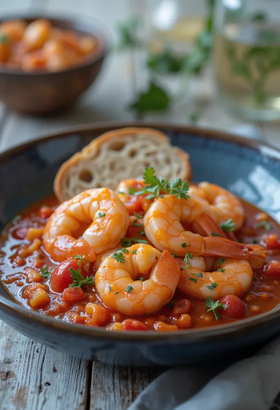 Tomato king prawns served with fresh herbs and crusty bread