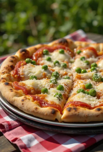 Pizza ai Piselli with garden peas and cheese