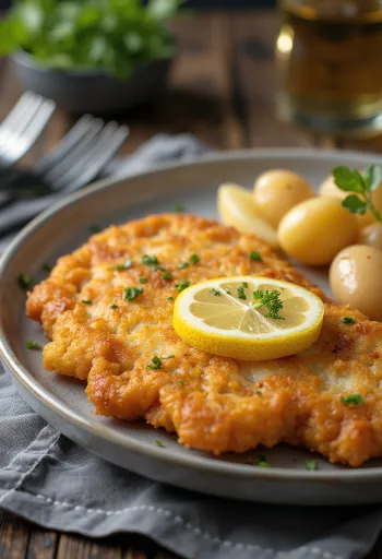 Pork schnitzel with potatoes, crispy pork and buttery potatoes