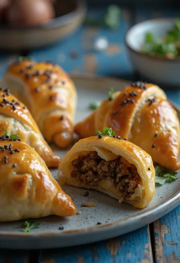 Beef samsa served as golden brown triangular pastry parcels