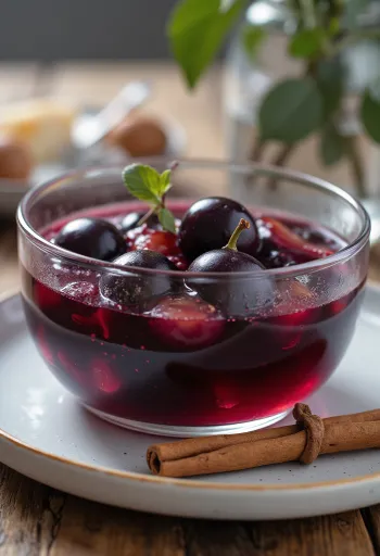 Homemade plum compote flavoured with cinnamon and cloves, served in a glass bowl