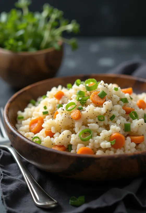 Vegan cauliflower rice with carrots served