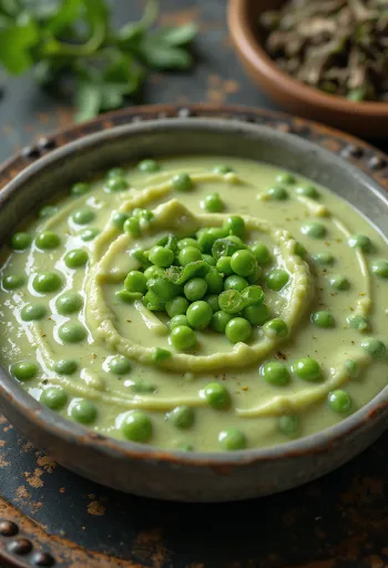 Creamy green pea sauce in a bowl, garnished with fresh parsley.