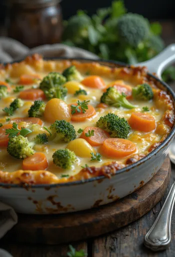 Vegetable gratin layered, baked with cheese and spices.
