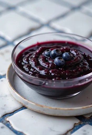 Blueberry chilli balsamic sauce in a bowl, garnished with fresh blueberries and chilli slices.