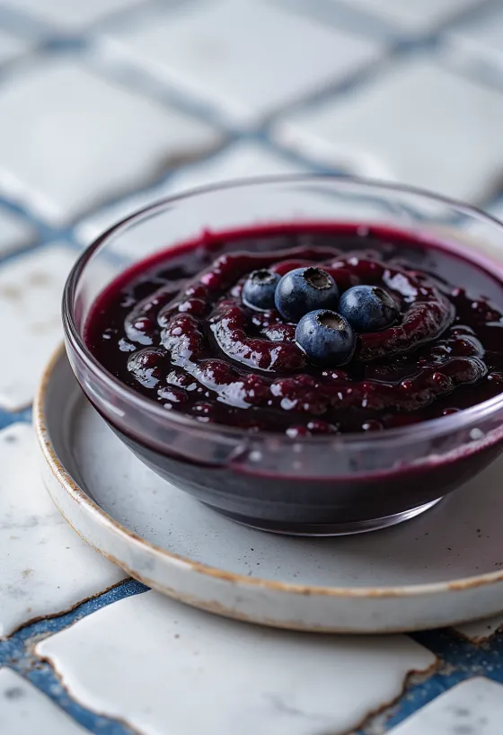 Blueberry chilli balsamic sauce in a bowl, garnished with fresh blueberries and chilli slices.