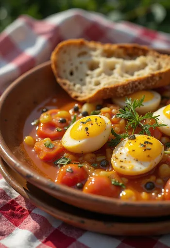 Caponata with capers and red wine vinegar, served with fresh basil
