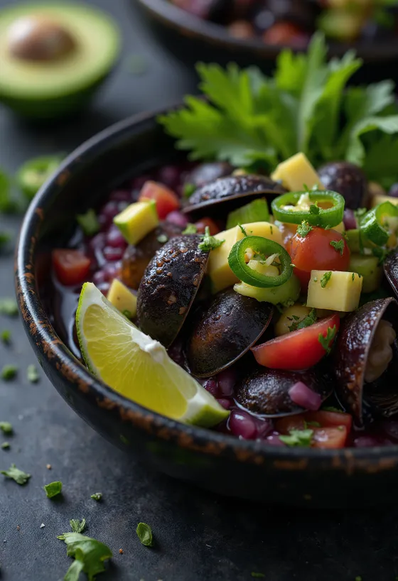 Ceviche de Conchas Negras, served with fresh seafood and avocado