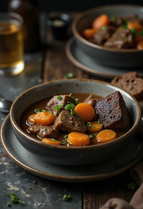 Kalops with bay leaf, beef and vegetables on a white plate