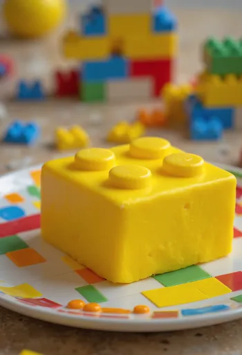 LEGO cake with colourful fondant covering and brick decoration