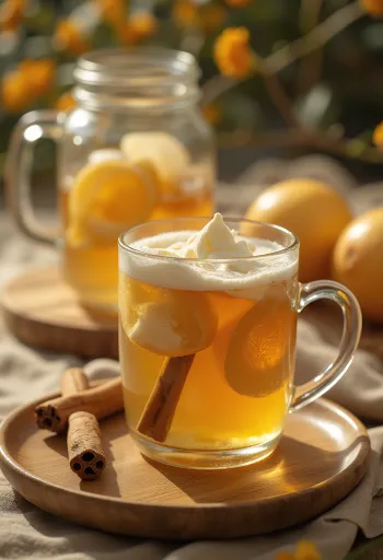Mulled honey and ginger cider served in a glass