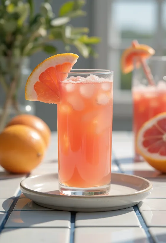 Orange and grapefruit juice in a tall glass, garnished with orange and grapefruit slices