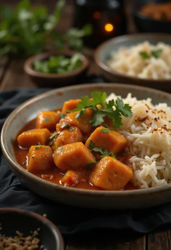Pork Vindaloo served with rice and fresh coriander