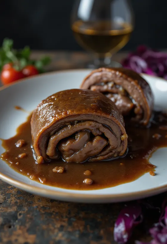 Rinderrouladen served with vegetables and gravy
