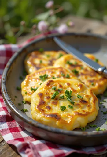 Freshly baked cheese and wild garlic pancakes