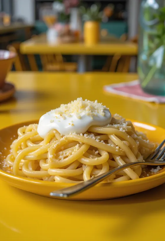 Hot cheese and sour cream pasta sprinkled with grated cheese, served on a white plate