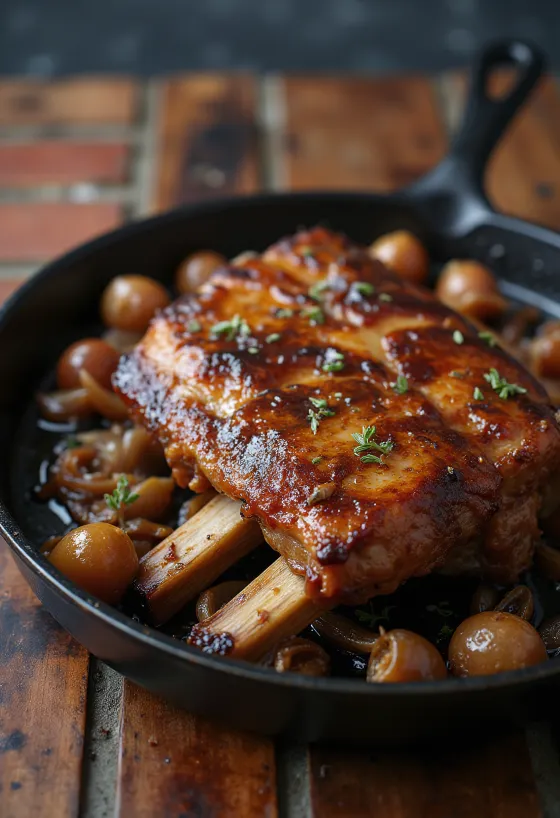 Golden brown roast ribs with crispy crust, served with fresh herbs and roast potatoes.