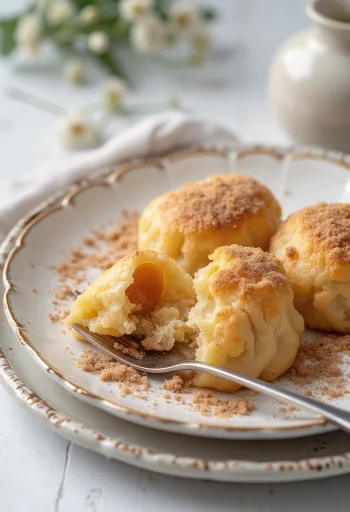 Freshly made plum dumplings with cinnamon sugar and breadcrumbs