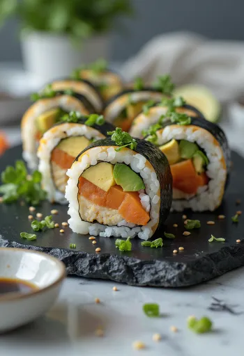 Vegan sushi with tofu, vegetables and soy sauce