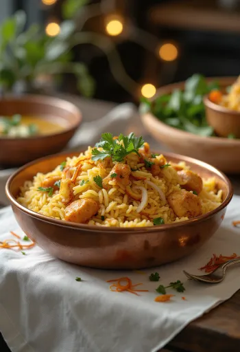 Chicken Biryani garnished with fresh coriander and mint