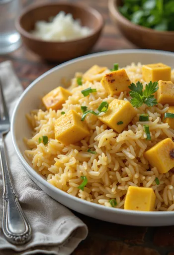 Rich Paneer Biryani with spicy paneer cheese and basmati rice, garnished with fresh coriander and mint.