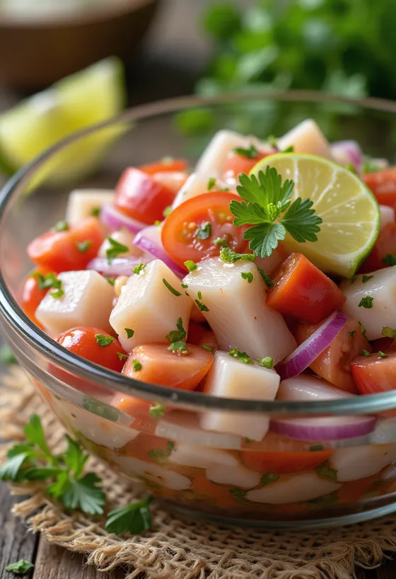 Classic ceviche with lime, fish, avocado and fresh tomato combination