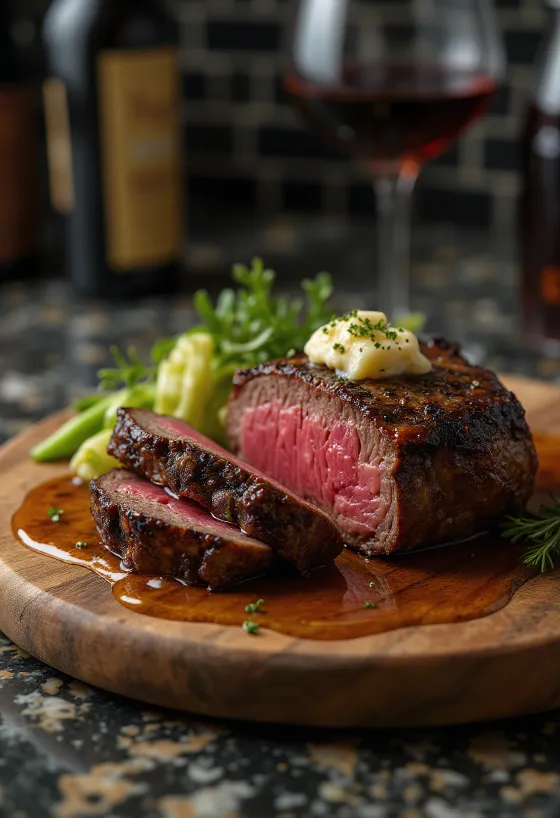 Chateaubriand steak served with steamed vegetables and butter