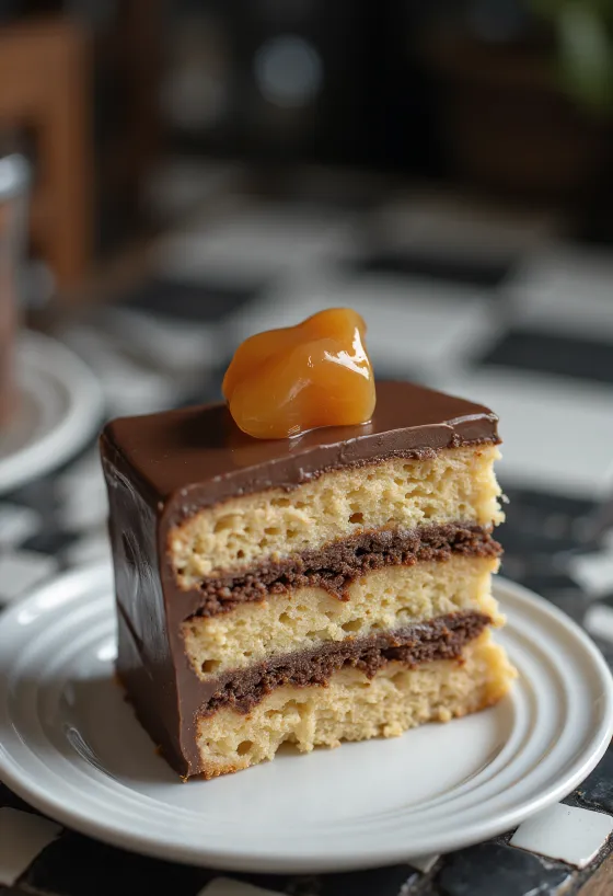 Dobos cake filled with caramel layer and chocolate cream