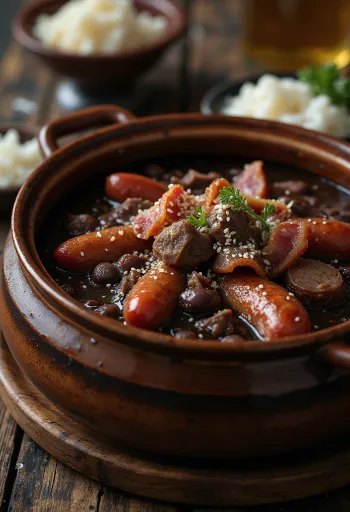 Feijoada with salted beef served with fresh parsley and rice side