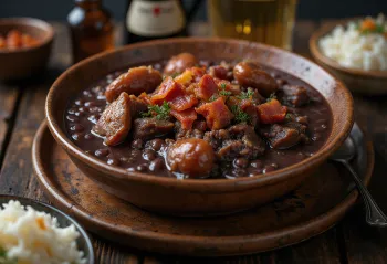 Feijoada with salted beef served with fresh parsley and rice side