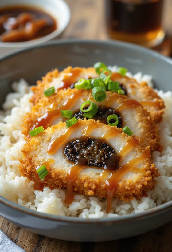Garlic miso stuffed katsudon freshly served