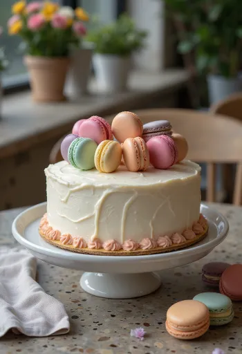 Macaron decorated cake with multi-coloured macarons