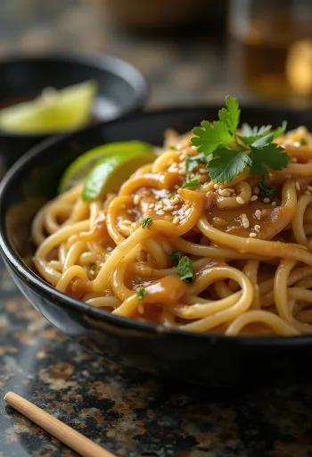 Peanut butter rice noodles garnished with coriander and sesame seeds