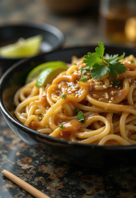 Peanut butter rice noodles garnished with coriander and sesame seeds