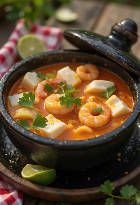 Moqueca with palm oil, fish and prawns in rich coconut milk sauce, sprinkled with coriander
