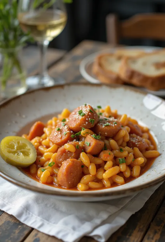 Shepherd's tarhonya with smoked sausage and potatoes, sprinkled with fresh parsley