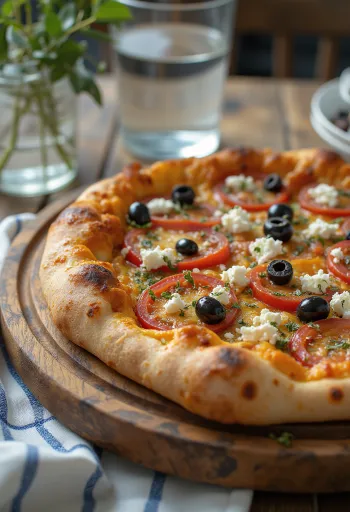 Pizza Greca with feta cheese, black olives and fresh tomato