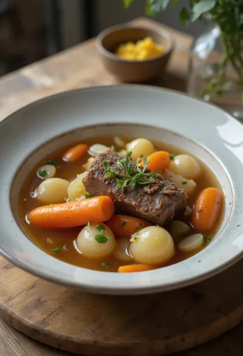 Pot-au-feu, traditional French meat soup with vegetables
