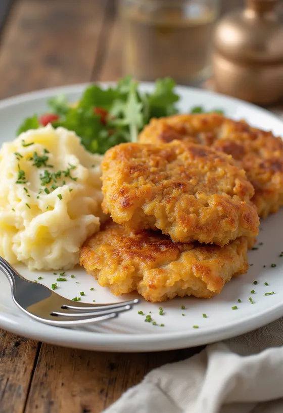 Breaded beef fillet served with mashed potatoes and parsley