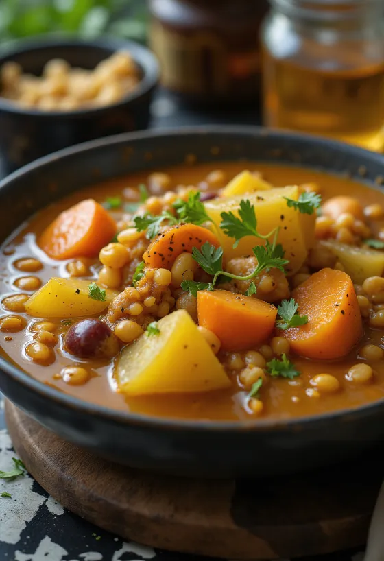 Sambar with mixed vegetables served alongside rice and vegetable side dish