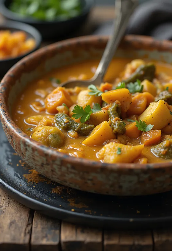 Vegan curry with juicy vegetables and garnished with fresh coriander